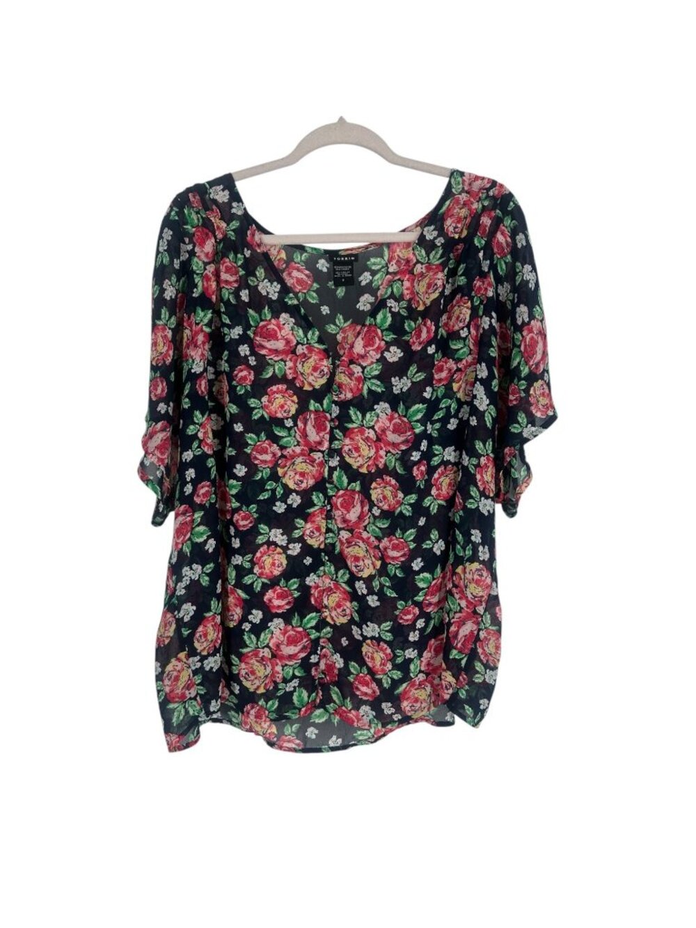 Torrid Black Pink Floral Chiffon Blouse 2X 3/4 Flutter Sleeve Whimsigoth Boho
